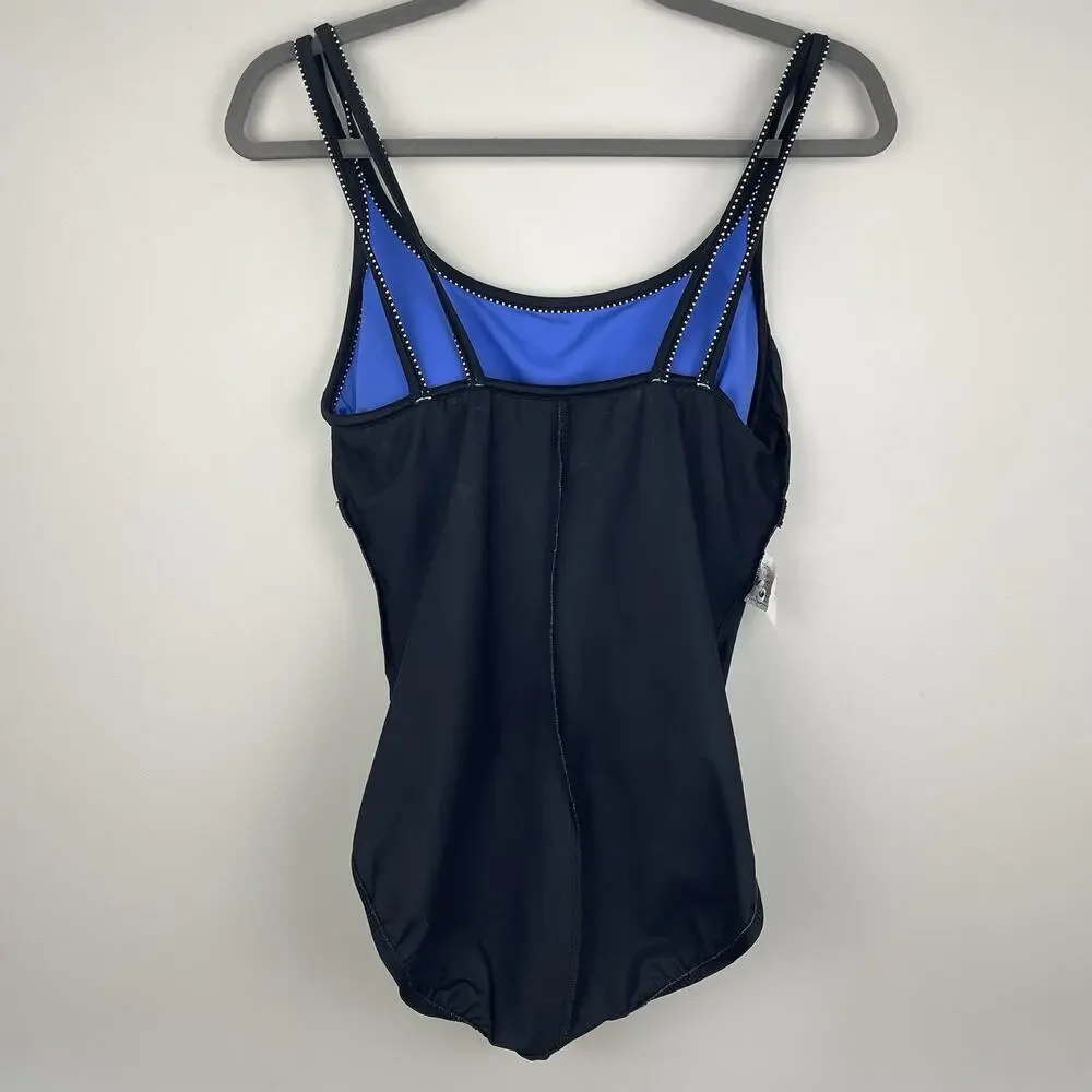 Miraclesuit One Piece Swimsuit Sz 12 Black Blue Overlay Ruched Slimming Strappy